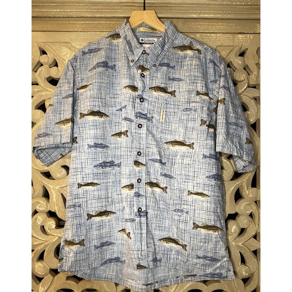 Columbia River Lodge Bass Print Button Shirt Mens L Blue Cotton Fishing AOP